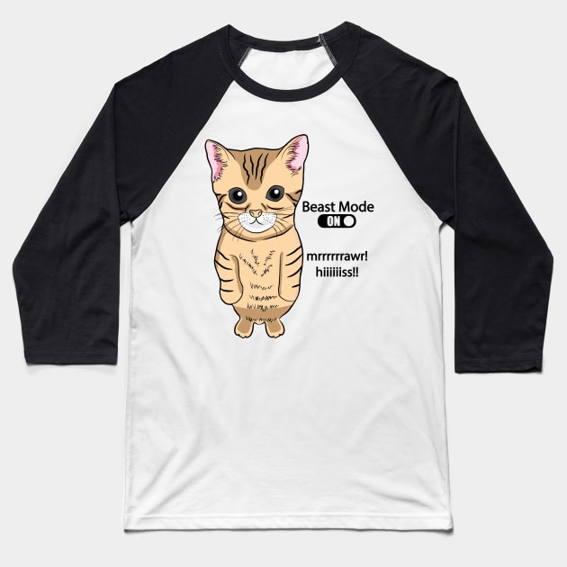 Cute Standing Cat Meme Beast the Mode ON Funny Kitten Meme Baseball T-Shirt by alltheprints